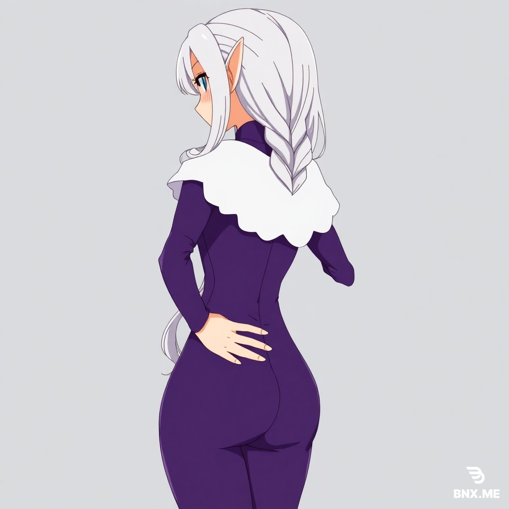 High-quality anime art style, Emilia from the anime Re:Zero, back to the camera looking over her left shoulder. She has long silver hair styled in a thick side braid reaching her lower back, and long elf ears. She is wearing a tight-fitting purple full-body suit/dress with long sleeves and a white scalloped capelet over her shoulders. One hand is resting firmly on her own lower back/hip area, fingers slightly splayed, tracing the curve of her lower body. Her expression is slightly flustered, blushing, and annoyed. The perspective emphasizes the lower body anatomy and back. Clean 2D illustration style, vibrant colors, detailed shading, no text.