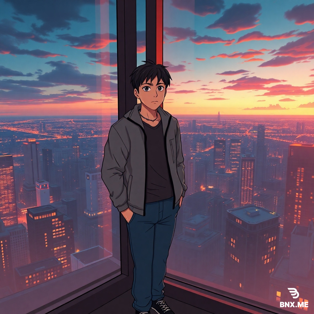 Scene: Panoramic view of Celestial Heights penthouse at night, fire flickering through floor-to-ceiling windows. Background: City skyline with crimson-stained sky, luxury high-rise district. QIN FENG (25 years old, lean athletic build 5'11", oval face with sharp jawline, thin scar across right brow, deep brown eyes with faint golden flecks, short messy black hair) stands at window. He wears simple gray jacket, faded blue jeans, worn black sneakers, thin silver chain necklace. Expression: shock and realization, eyes wide. Style: Ufotable style animation, 8k resolution, sharp line-art, ray tracing, deep contrast, vibrant color grading, display landscape.