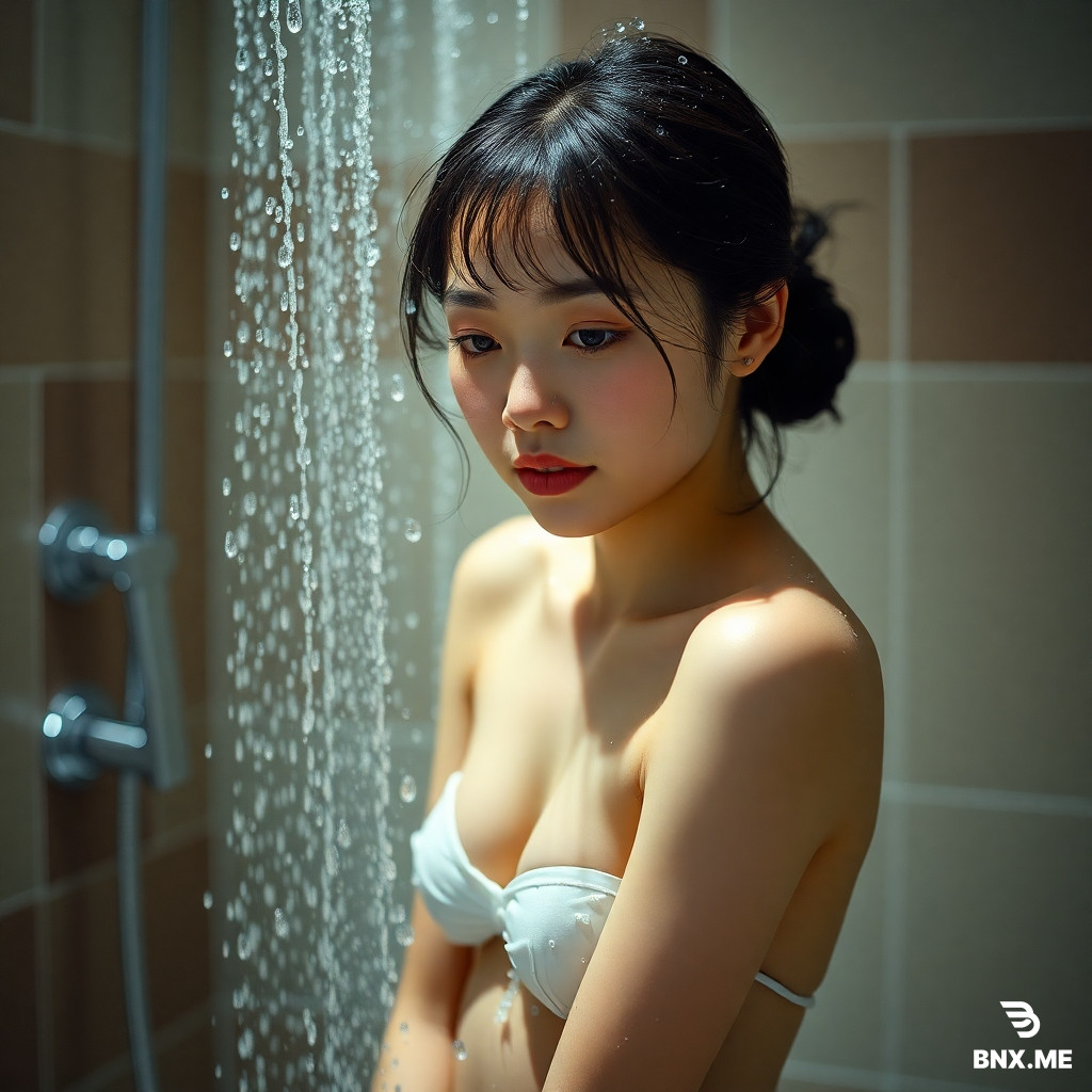 a chinese girl is taking a shower in bathroom. the whole body