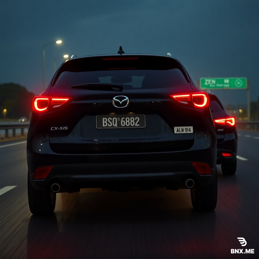 Photorealistic rearview mirror view, cinematic shot from behind driving on a dark Malaysian North-South Highway (PLUS) at night. In focus: Mazda CX-5 facelift 2025 2.5 2WD, Black with blacked-out trim, rear tail lights glowing bright red. License plate 'BSQ 6882' clear and visible. A second car behind it: BYD Sealion 7 Performance 2026, Cosmos Black color, an electric SUV EV car. Its license plate is the official Malaysia EV "white plate with black text" and the mandatory "ZEV" green logo, reading 'ALN 9114'. Scene details: Two cars cruising together, wet tarmac reflecting their tail lights, glowing street lamps, highway sign in the distance. Style: ultra-realistic, high detail, 8K, atmospheric.