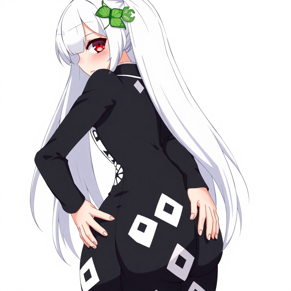 Echidna from the anime Re:Zero, anime illustration, high quality digital art. She has long silver hair, a green butterfly hairpin, red eyes, a smug expression, and a slight blush on her cheeks. She is wearing her signature form-fitting black dress with white geometric diamond patterns and a high collar. Her back is facing the viewer, and she is looking back over her right shoulder with a sly smile. Her hands are placed on her lower buttock area, with her fingers gently pressing and cupping her glutes. Extremely curvy, exaggerated hips and buttocks. Masterpiece, detailed linework, soft shading, crisp drawing, trending on Pixiv.