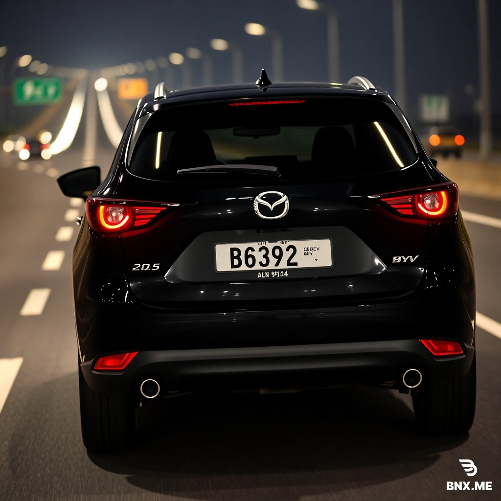Rear angle close-up. Capturing the back of 2025 Mazda CX-5 2.5 2WD, Black, license plate 'BSQ 6882'. Behind it, a 2026 BYD Sealion 7 Performance, Cosmos Black with official Malaysia EV white license plate with 'ZEV' green logo, number 'ALN 9114'. Cruising at night on PLUS Highway towards Ipoh. The highway asphalt is absorbing the ambient light. Photorealistic, high resolution, car photography, bokeh background.