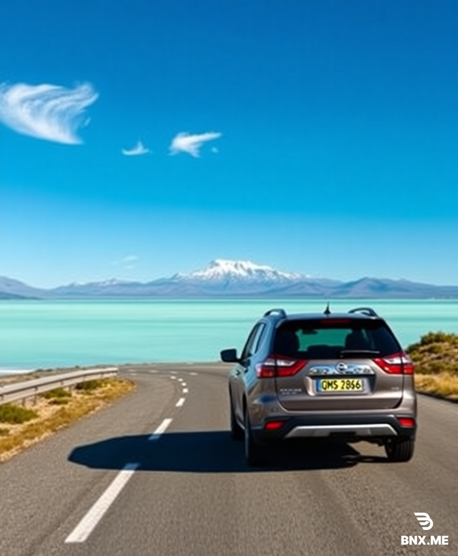 Route 80 on New Zealand’s South Island winds along the shores of Lake Pukaki, whose milky turquoise waters reflect the sky. In the background stands the snow-capped Mount Cook, with a few wisps of white clouds dotting the blue sky. A Nissan X-Trail Hybrid (license plate QMS286) is driving along the road toward the distant mountains. The composition follows the National Geographic travel photography style, featuring a clean background and space reserved at the top for the title text. The image dimensions are 940x788 pixels, a common size for Facebook posts.
