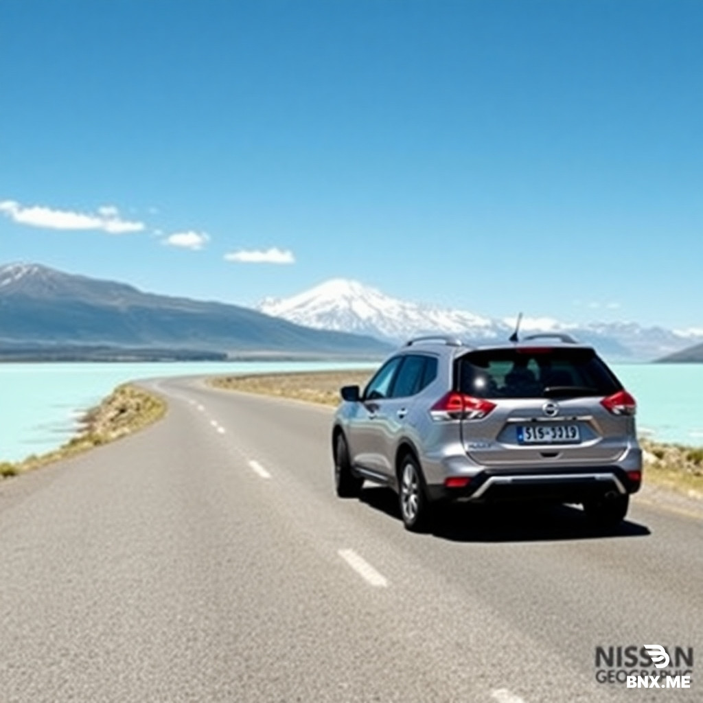 A stretch of Route 80 on New Zealand’s South Island winds along the shores of Lake Pukaki, whose milky turquoise waters reflect the sky; in the background stands the snow-capped Mount Cook, with a few wisps of white clouds dotting the blue sky, as a Nissan X-Trail Hybrid drives along the road toward the distant mountains. The composition follows the National Geographic travel photography style, featuring a clean background and space reserved at the top for the title text. The image dimensions are 940x788 pixels, a common size for Facebook posts.