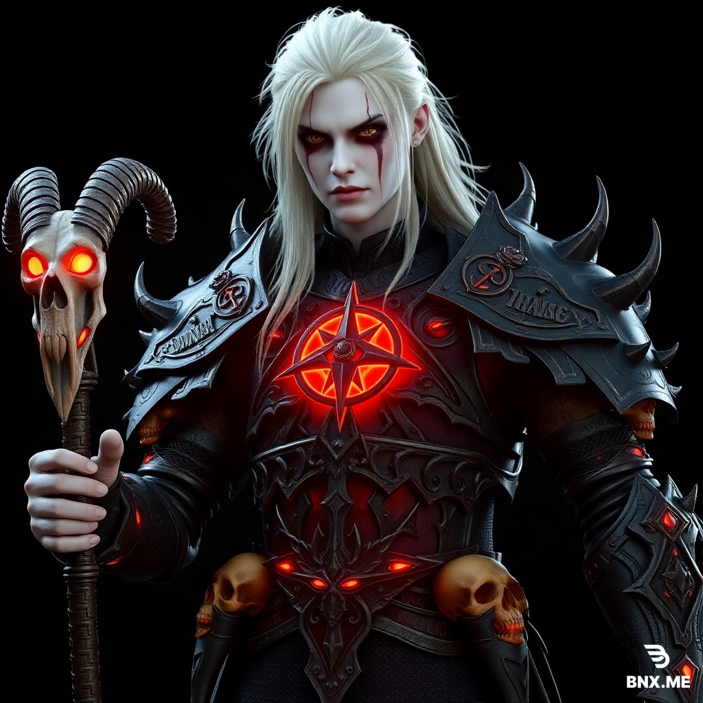 A highly detailed 3D character model of a dark necromancer from Diablo IV. The necromancer has pale white skin, long messy blonde hair, and dark makeup with black tears running down the face. The character wears sinister gothic armor made of dark metal with sharp spikes and glowing red accents. The chest piece has a glowing inverted pentagram. The shoulder armor is decorated with skulls, and the waist is adorned with multiple human skulls embedded into the armor. In the left hand, the necromancer holds a demonic goat skull staff with glowing red eyes and engraved runes. The armor design is intricate, sharp, and intimidating, reflecting a gothic and hellish aesthetic. The lighting is dark and moody, with dramatic shadows, highlighting the metallic armor details and glowing red magical elements. Ultra-realistic rendering, cinematic Diablo IV style, 3D model, game character concept art.