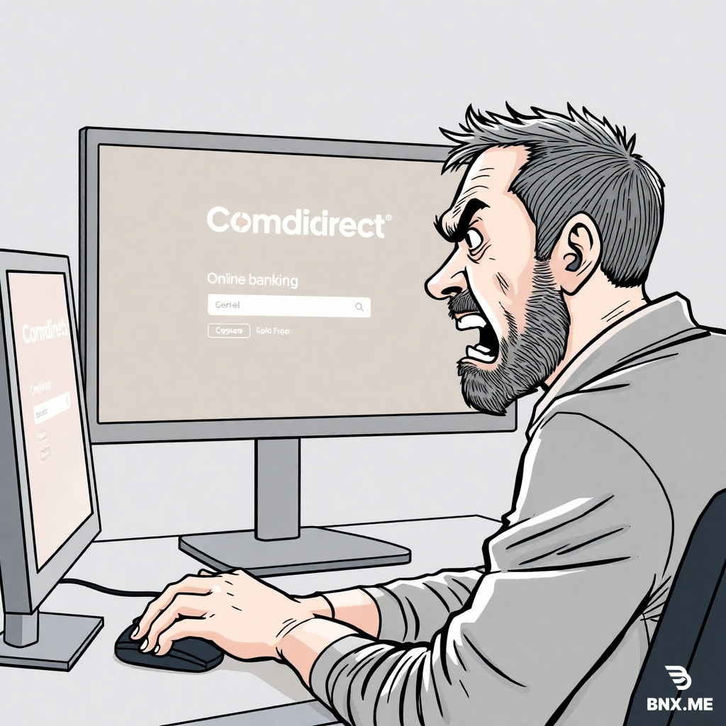 A man is sitting in front of a screen displaying the Comdirect online banking portal. He is visibly agitated and angry; sweat is running down his forehead. His right hand is on the mouse, and he turns his head away as if something terrible were visible on the screen, while biting the fingers of his left hand.