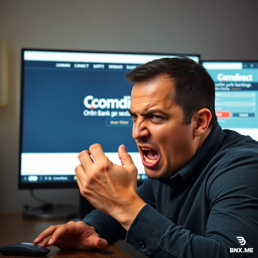 A man is sitting in front of a screen displaying the Comdirect online banking portal. He is visibly agitated and angry; sweat is running down his forehead. His right hand is on the mouse, and he turns his head away as if something terrible were visible on the screen, while biting the fingers of his left hand.