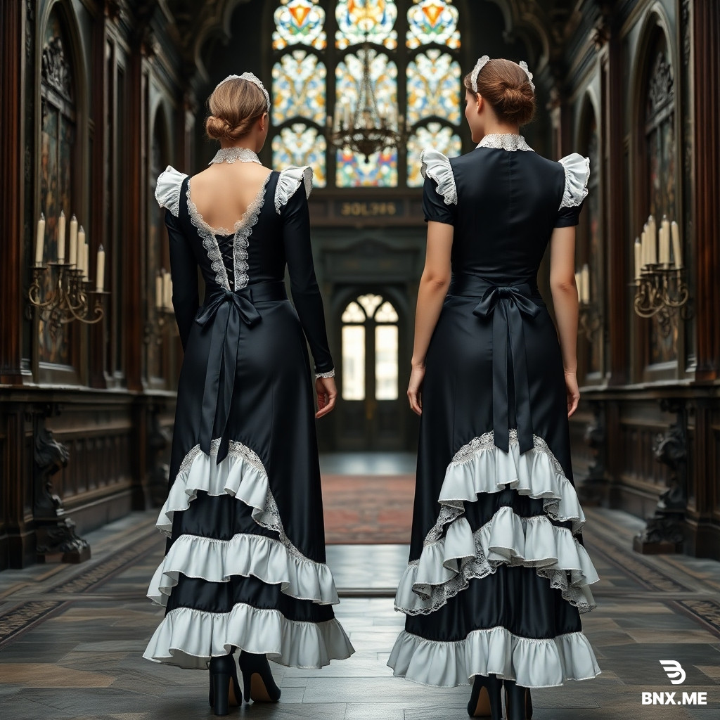 Photorealistic full-body shot of two identical Victorian Gothic maids passing  each other in a grand Gothic-Victorian hall. Left maid facing forward, right  maid facing away. Both fully visible head to toe, not looking at each other.  SETTING: Dark carved wood paneling, stained glass windows, wall candelabras,  patterned stone floor, antique rug, background slightly blurred.  DRESS: Slim fitted black wet-look silk dress, below-the-knee length,  high-gloss sheen. Close to the body, straight slim silhouette. Neckline: elegant open décolletage trimmed directly on the neckline edge  with 2 rows of delicate white ruffles and fine white lace — ruffles frame  the décolletage like a decorative border, elegant and refined.  SKIRT HEM: 3 cascading rows of white ruffles — Row 1 largest, Row 3 smallest  finished with fine white lace. One thin black satin stripe 1cm wide above  each row, separating all three rows visibly.  APRON — LARGE AND VOLUMINOUS: Wide generous white Victorian pinafore. Very wide at bottom, covering most  of skirt front. Bib starts below décolletage — decorated neckline visible above.  BIB PANEL: Wide, tall, covering full chest width. Exactly 3 cascading white  ruffle rows — Row 1 largest, each next row smaller, Row 3 finished with fine  white lace at bottom. One thin 1cm black satin stripe at top of Row 1 only.  Ruffles elegant, structured, clearly visible.  SHOULDER STRAPS: Wide substantial white straps. Cross over chest at front,  loop over shoulders, cross at back in wide X, tie into large voluminous bow  at back waist. Each strap fully covered with 3 cascading ruffle rows along  entire length — Row 1 largest, each next smaller, Row 3 finished with fine  white lace. One 1cm black satin stripe at top of Row 1 only. Ruffle trim  extends generously beyond shoulder edges — dramatic wide winged silhouette.  Clearly visible front and back.  APRON HEM: 1 large white ruffle row with fine white lace and one 1cm black  satin stripe at top. Apron side edges same trim.  CUFFS: 3 slim white ruffle rows, fine lace at bottom, one 1cm black stripe  at top of row 1.  CAP: White Victorian maid cap worn back on head. Face fully open and clearly  visible. Modest white ruffles at back of cap only.  FACE: Forward-facing maid — full clear face, no shadows, no cap covering face.  Cinematic candlelight, chiaroscuro, 8K, hyper-detailed, editorial fashion.  negative: cropped body, missing feet, anime, cartoonish, plain neckline,  no ruffles on decolletage, no ruffles on straps, no ruffles on bib,  small narrow apron, narrow shoulder straps, face covered, cap over face,  flat lighting, puffy dress skirt, petticoat, multiple black stripes  on same row, maids looking at each other, missing skirt ruffles, missing lace