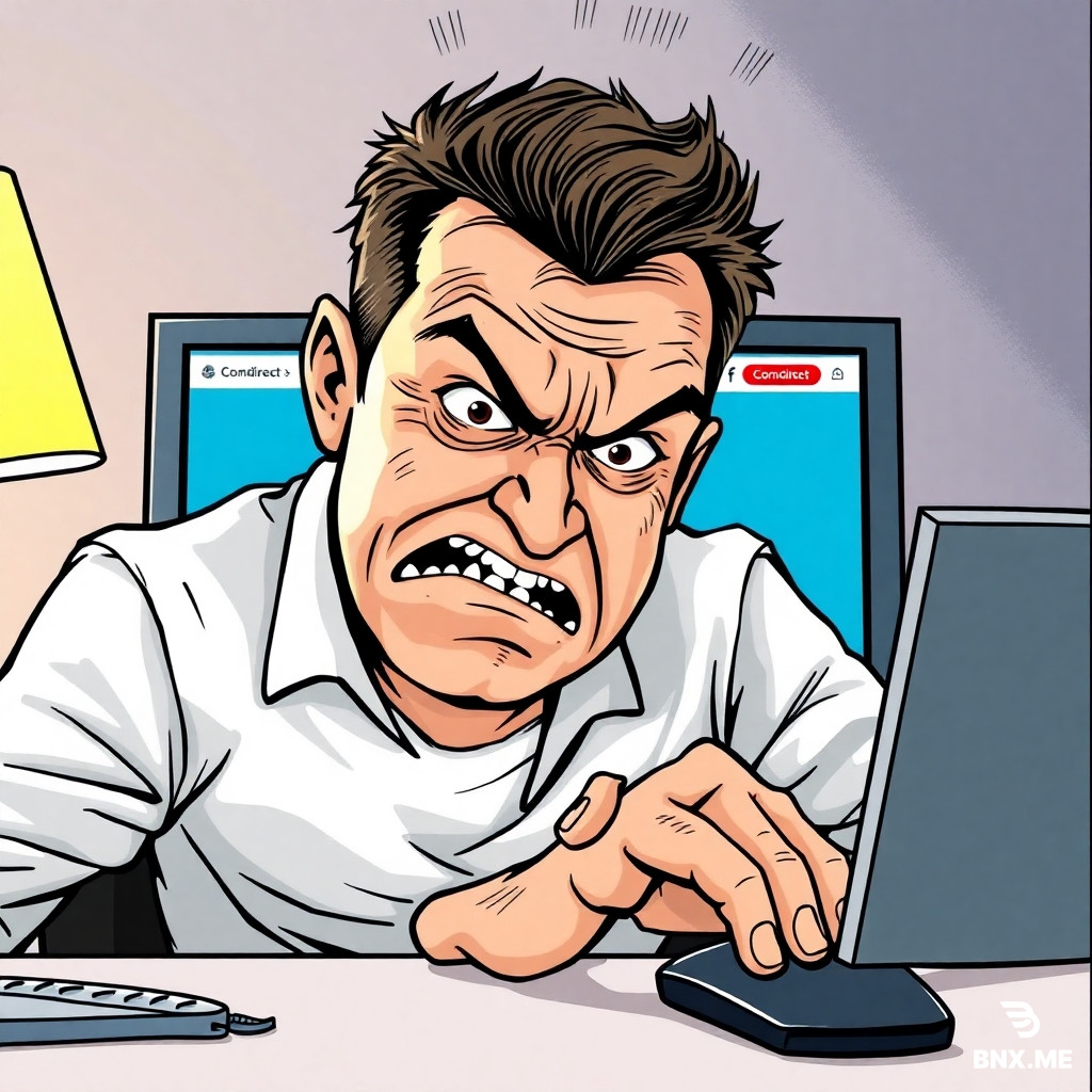 A man is sitting in front of a screen displaying the Comdirect online banking portal. He is visibly agitated and angry; sweat is running down his forehead. His right hand is on the mouse, and he turns his head away as if something terrible were visible on the screen, while biting the fingers of his left hand.