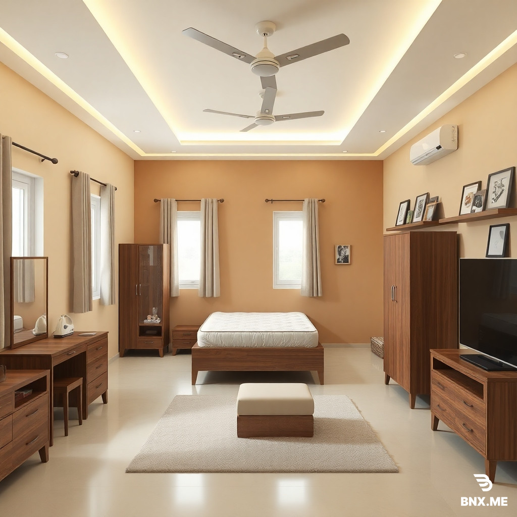 A cozy bedroom in Bangladesh. Three walls are painted in soft sand stone beige color (Berger Robbialac Acrylic Premium Emulsion, code 2T0603). The wall behind the bed is painted in light coffee brown color (Asian Paints code 0470). The bed is placed in one corner against the light coffee wall. The room has two windows on two different sand stone walls, with light curtains. Furniture includes: a wooden bed with mattress, two bedside tables, a wooden wardrobe, an ironing table with a small footstool, a full-length wall mirror, a low-height TV cabinet with a 33-inch matte TV on it, a ceiling LED panel light, LED strip lights on ceiling corners, a high-speed ceiling fan, a wall shelf with decorative items, three pieces of wall art/frame, and a soft rug/carpet on the floor. The room looks warm, modern, and well-organized. Natural daylight from windows, soft shadows. Realistic interior render, 4K.
