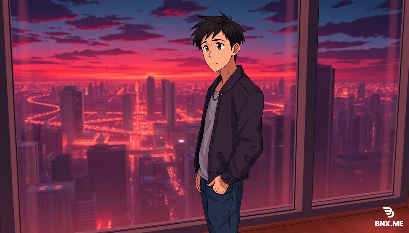 Scene: Panoramic view of Celestial Heights penthouse at night, fire flickering through floor-to-ceiling windows. Background: City skyline with crimson-stained sky, luxury high-rise district. QIN FENG (25 years old, lean athletic build 5'11", oval face with sharp jawline, thin scar across right brow, deep brown eyes with faint golden flecks, short messy black hair) stands at window. He wears simple gray jacket, faded blue jeans, worn black sneakers, thin silver chain necklace. Expression: shock and realization, eyes wide. Style: Ufotable style animation, 8k resolution, sharp line-art, ray tracing, deep contrast, vibrant color grading, display landscape.