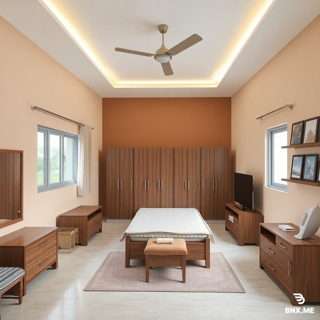 A cozy bedroom in Bangladesh. Three walls are painted in soft sand stone beige color (Berger Robbialac Acrylic Premium Emulsion, code 2T0603). The wall behind the bed is painted in light coffee brown color (Asian Paints code 0470). The bed is placed in one corner against the light coffee wall. The room has two windows on two different sand stone walls, with light curtains. Furniture includes: a wooden bed with mattress, two bedside tables, a wooden wardrobe, an ironing table with a small footstool, a full-length wall mirror, a low-height TV cabinet with a 33-inch matte TV on it, a ceiling LED panel light, LED strip lights on ceiling corners, a high-speed ceiling fan, a wall shelf with decorative items, three pieces of wall art/frame, and a soft rug/carpet on the floor. The room looks warm, modern, and well-organized. Natural daylight from windows, soft shadows. Realistic interior render, 4K.