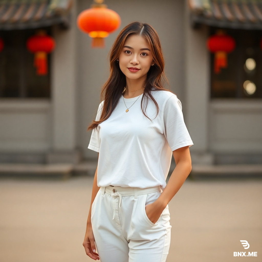 a chinese girls ,she puts on a white t-shirt, and white pant.  the whole body