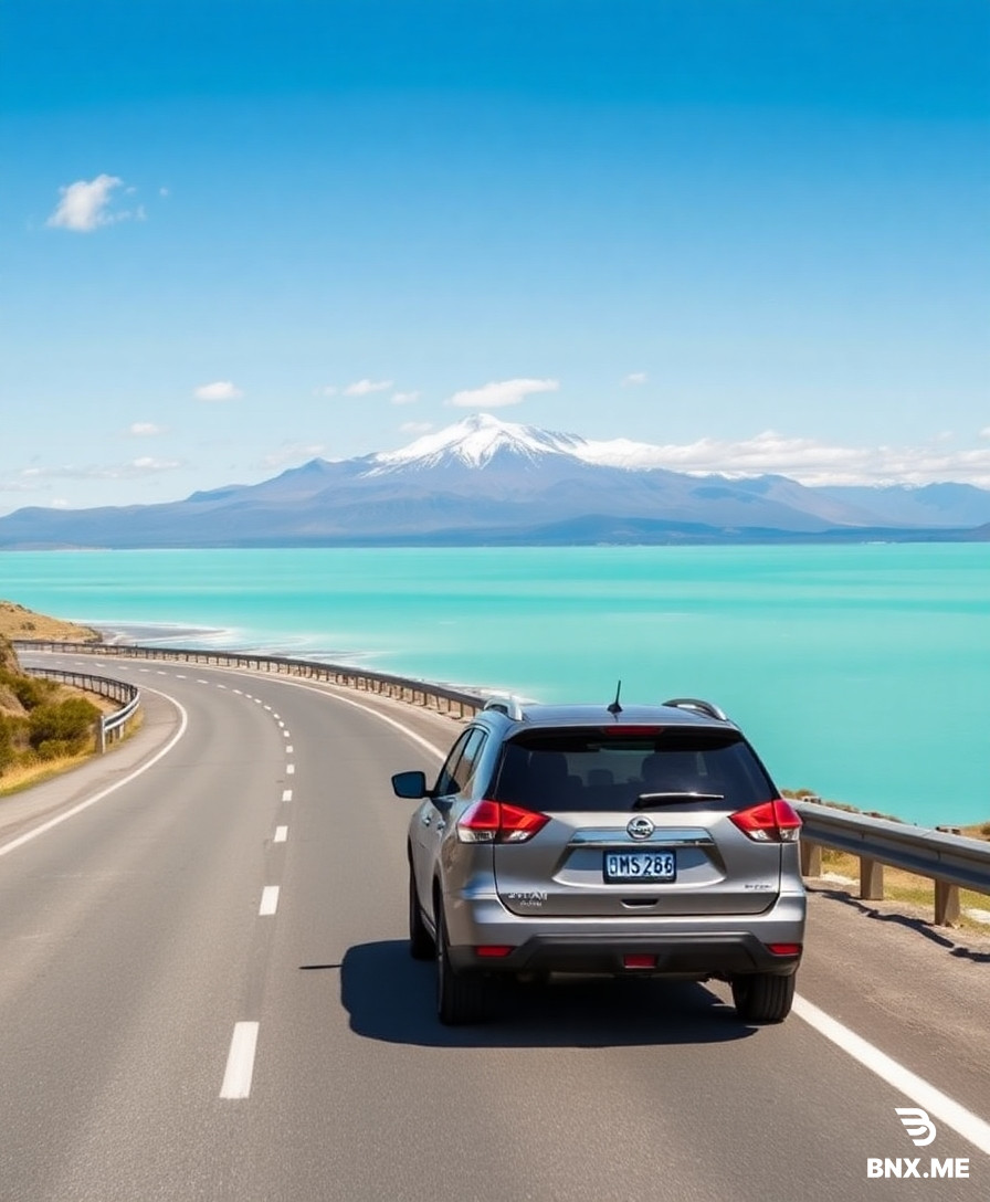 Route 80 on New Zealand’s South Island winds along the shores of Lake Pukaki, whose milky turquoise waters reflect the sky; In the background stands the snow-capped Mount Cook, with a few wisps of white clouds dotting the blue sky. A 2015 Nissan X-Trail Hybrid (license plate QMS286) is driving along the highway toward the distant mountains. The composition follows the National Geographic travel photography style, featuring a clean background and space reserved at the top for the title text. The image dimensions are 940x788 pixels, a common size for Facebook posts.