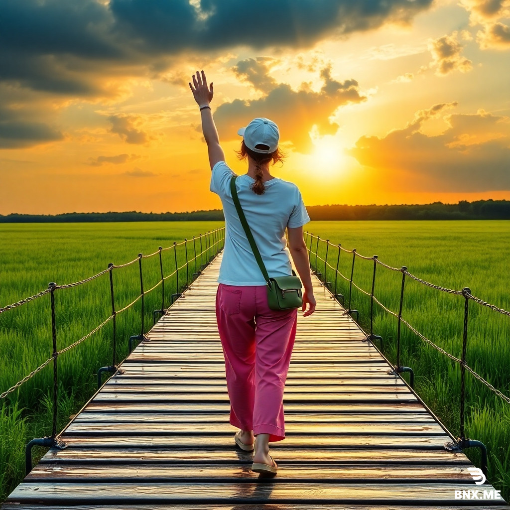 A woman walking away on a wet wooden boardwalk through a lush green wetland meadow, one arm raised reaching toward the sky, wearing white t-shirt, pink loose pants, baseball cap, and small green crossbody bag, back view, golden sunset sun rays breaking through dramatic cloudy sky, sun reflection on glistening wet planks, chain railings on both sides, distant forest line, vibrant grass, atmospheric lighting, photorealistic, serene travel moment