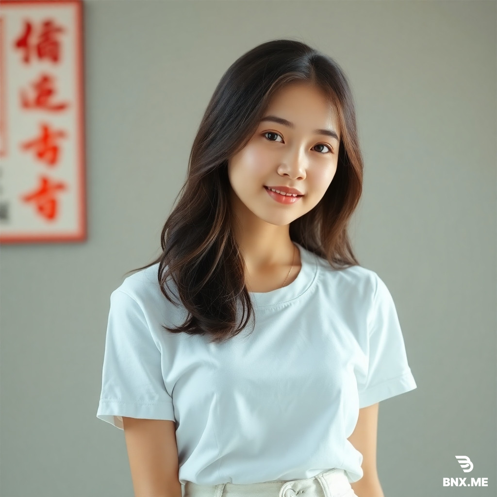 a chinese girls ,she puts on a white t-shirt, and white pant.