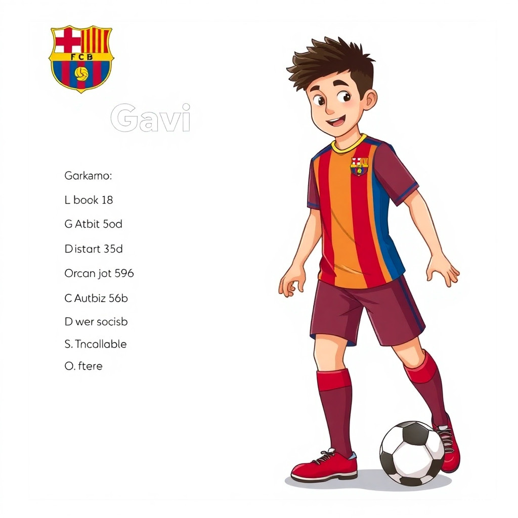 Create a highly detailed, premium-quality children's educational activity book page in full square 1:1 format, designed as one complete printable page with no center fold, no book spine, no midline.  MAIN CHARACTER (user provides only the name): [Gavi – FC Barcelona]  The AI MUST automatically retrieve or plausibly generate all the following information about this soccer player from its internal knowledge (real-world facts for real players, or logical creation for fictional ones): - Position (Goalkeeper / Defender / Midfielder / Forward) - Current club team (real club name) - Country of nationality - Age (approximate, child-friendly) - Height (in meters/feet) - Weight (in kg/lbs) - Club jersey number (most common) - Fun fact (one short, interesting, child-appropriate fact) - Preferred food (typical athlete diet, e.g., pasta, chicken, fish)  **CRITICAL CLOTHING RULE:** The player must be wearing their **CLUB team shirt and club shorts** (not national team kit). Use the correct club colors and badge/crest.  Using ONLY the above auto-generated information, the AI must create the complete layout described below. All generated text must be in English, child-friendly, and accurate to the player (if real) or consistently made-up (if fictional).  OVERALL STYLE: Playful, messy, humorous, hand-drawn cartoon doodle style, watercolor textures, torn paper collage, vintage cream paper background, blue dotted borders, scrapbook feel.  LAYOUT STRUCTURE (two columns, no center line):  LEFT COLUMN: 1. Large colorful hero illustration of [PLAYER_NAME] – cute, big round eyes, happy smile, wearing their **CLUB jersey and club shorts** (with club badge visible), in action pose for their position. Surrounded by small soccer balls, country flags, club-related icons, stars, nets. 2. Top-left title: "[PLAYER_NAME]" in big playful dark blue hand-drawn letters, black outline. Under it: "Hi Soccers!" 3. Torn paper label card near character: "[NATIONALITY] [POSITION]!" (e.g., "American Goalkeeper!"). 4. FACT FILE box (torn paper) with auto-filled facts:    - Type: [club]    - Position: [Position]    - Size: [auto height]    - Weight: [auto weight]    - Age: [auto age]    - Club number: [auto club jersey number]    - Fun Fact: [auto fun fact]    Each fact has a small hand-drawn icon. 5. **CODE TO CRACK** (small box placed above or beside the maze, keep balanced):    - Dashed blue box with ribbon "CODE TO CRACK!"    - Auto-generate a number-to-letter cipher based on the player's first initial, last initial, and position initial. Example: For Tim Ream (Defender) → T, G, L, R, D. Cipher could be: 1 = T,2 = G,3 = L, 4 = R, 5 = D (use any unique numbers 1-5).    - Show cipher key as a small chart: example: "1 = [Letter] 2 = [Letter]  3 = [Letter]4 = [Letter]   5 = [Letter]"    - Create a short 5-7 word motivational message related to the player (e.g., "generate automatically"). Replace each occurrence of the three cipher letters in the message with the corresponding number.    - Write the coded message on the page. Add a blank line for the child to decode it.    - Add small magnifying glass and pencil icons.  RIGHT COLUMN: 6. Top-right: dashed blue box with ribbon "COLOR ME!". Inside: black-and-white outline version of [PLAYER_NAME] (same cute style, no colors, thick clean lines) – still wearing club shirt and shorts. Add a small pencil icon. 7. Middle-right: dashed blue box with ribbon "TIME TO PLAY & LEARN!". Inside: 2×2 grid of 4 multiple-choice questions about [PLAYER_NAME]. Each question has exactly 3 options A, B, C with only one correct. Correct answer letter varies (A, B, or C). The AI auto‑generates these questions:    Q1: What position does [FIRST_NAME] play? → A) wrong position, B) [Position] (correct), C) another wrong position.    Q2: Where is [FIRST_NAME] from? → A) wrong country, B) wrong country, C) [Country] (correct).    Q3: What is [FIRST_NAME]’s club jersey number? → A) [Club number] (correct), B) different number, C) different number.    Q4: What is one of [FIRST_NAME]’s special skills? → AI chooses a realistic skill for that position (e.g., penalty saving, tackling, dribbling) as correct, plus two unrelated skills.    Each question box has a different pastel background. 8. Bottom-right: dashed blue box with ribbon "FUN CHALLENGE!". Instruction: "Help [FIRST_NAME] find the World Cup trophy!". Draw a simple solvable rectangular maze (wobbly hand-drawn walls). Start arrow left with a small player icon (in club kit), end right with golden World Cup trophy.  DECORATIONS scattered: soccer balls, small flags of [Country], club colors/stars, watercolor splashes in club colors + country flag colors, tiny trophies, hand-drawn hearts.  COLOR PALETTE: vintage cream background (#F5F0E8), deep navy blue titles, black sketchy outlines, bright accent colors from the player's club.  OUTPUT: One square image, high resolution (2048×2048), no watermark, no logo, no center fold. All puzzles solvable. The AI must automatically generate all words, numbers, and facts from the player's name only – do not leave any placeholder. The character must be dressed in **club shirt and club shorts** (not national team).