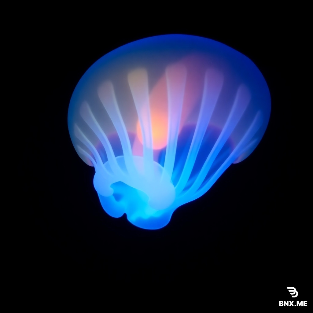A lobate comb jelly (ctenophore, species similar to Mnemiopsis leidyi) floating in the deep ocean. 9:16 portrait orientation, solid pitch‑black background. The animal is fully illuminated only by its own bioluminescence.  Body: Transparent, gelatinous, oval‑shaped, approximately 10–12 cm in length. Two large oral lobes at the bottom, no long trailing tentacles. Inside the translucent body, a faint reddish‑orange digestive canal (gut) is visible.  Bioluminescence – Bright Blue: The eight vertical comb rows (ctenes) are glowing with a brilliant, electric blue light (wavelength ~470 nm). The blue glow is intense, uniform along each row, and pulses gently in waves from top to bottom. The light illuminates the surrounding water with a soft blue halo.  No rainbow iridescence: This is a disturbed comb jelly actively producing bioluminescence. There is no rainbow shimmer; only pure blue light.  Posture: The animal is drifting diagonally, its oral lobes slightly open. The body is not pulsing or contracting – it remains smooth and ovoid. A few tiny bright blue sparkles (marine snow) are scattered around the comb rows.  Lighting: A single, faint ROV light illuminates the gut from a distance, but the primary source is the animal's own blue bioluminescence. The scene is deep, mysterious, and scientifically accurate.  Style: Ultra realistic, National Geographic documentary quality, cinematic, high resolution, 9:16 vertical, no text, no logos, no watermarks."*