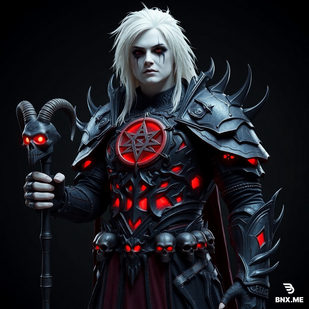 A highly detailed 3D character model of a dark necromancer from Diablo IV. The necromancer has pale white skin, long messy blonde hair, and dark makeup with black tears running down the face. The character wears sinister gothic armor made of dark metal with sharp spikes and glowing red accents. The chest piece has a glowing inverted pentagram. The shoulder armor is decorated with skulls, and the waist is adorned with multiple human skulls embedded into the armor. In the left hand, the necromancer holds a demonic goat skull staff with glowing red eyes and engraved runes. The armor design is intricate, sharp, and intimidating, reflecting a gothic and hellish aesthetic. The lighting is dark and moody, with dramatic shadows, highlighting the metallic armor details and glowing red magical elements. Ultra-realistic rendering, cinematic Diablo IV style, 3D model, game character concept art.