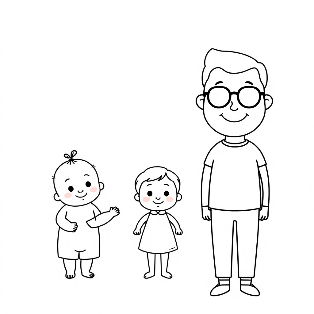 Generate images for me: Please generate three separate images: simple line drawings of a baby, a child, and an adult. They should have a consistent, cute style and a circular background.