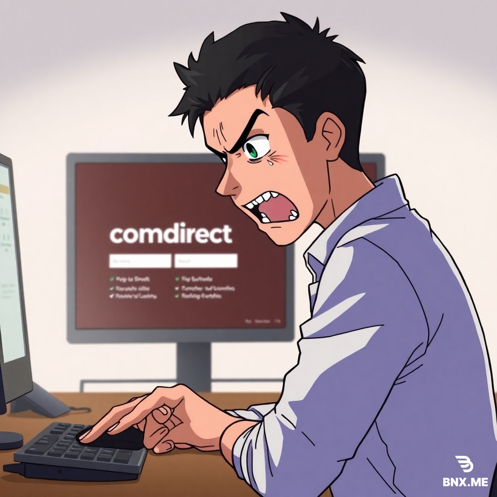 A man is sitting in front of a screen displaying the Comdirect online banking portal. He is visibly agitated and angry; sweat is running down his forehead. His right hand is on the mouse, and he turns his head away as if something terrible were visible on the screen, while biting the fingers of his left hand.