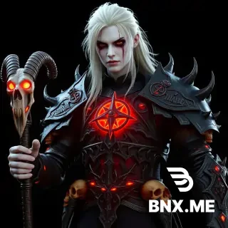A highly detailed 3D character model of a dark necromancer from Diablo IV. The necromancer has pale white skin, long messy blonde hair, and dark makeup with black tears running down the face. The character wears sinister gothic armor made of dark metal with sharp spikes and glowing red accents. The chest piece has a glowing inverted pentagram. The shoulder armor is decorated with skulls, and the waist is adorned with multiple human skulls embedded into the armor. In the left hand, the necromancer holds a demonic goat skull staff with glowing red eyes and engraved runes. The armor design is intricate, sharp, and intimidating, reflecting a gothic and hellish aesthetic. The lighting is dark and moody, with dramatic shadows, highlighting the metallic armor details and glowing red magical elements. Ultra-realistic rendering, cinematic Diablo IV style, 3D model, game character concept art.