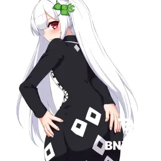 Echidna from the anime Re:Zero, anime illustration, high quality digital art. She has long silver hair, a green butterfly hairpin, red eyes, a smug expression, and a slight blush on her cheeks. She is wearing her signature form-fitting black dress with white geometric diamond patterns and a high collar. Her back is facing the viewer, and she is looking back over her right shoulder with a sly smile. Her hands are placed on her lower buttock area, with her fingers gently pressing and cupping her glutes. Extremely curvy, exaggerated hips and buttocks. Masterpiece, detailed linework, soft shading, crisp drawing, trending on Pixiv.