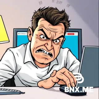 A man is sitting in front of a screen displaying the Comdirect online banking portal. He is visibly agitated and angry; sweat is running down his forehead. His right hand is on the mouse, and he turns his head away as if something terrible were visible on the screen, while biting the fingers of his left hand.