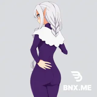 High-quality anime art style, Emilia from the anime Re:Zero, back to the camera looking over her left shoulder. She has long silver hair styled in a thick side braid reaching her lower back, and long elf ears. She is wearing a tight-fitting purple full-body suit/dress with long sleeves and a white scalloped capelet over her shoulders. One hand is resting firmly on her own lower back/hip area, fingers slightly splayed, tracing the curve of her lower body. Her expression is slightly flustered, blushing, and annoyed. The perspective emphasizes the lower body anatomy and back. Clean 2D illustration style, vibrant colors, detailed shading, no text.