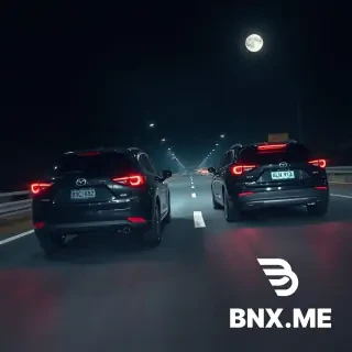 Wide shot dynamic tracking shot of two cars cruising at night from a rear angle. Car 1 (Closer to camera): 2025 facelift Mazda CX-5 2.5 2WD, Jet Black, showing its real license plate 'BSQ 6882'. Car 2 (Further away directly ahead): 2026 BYD Sealion 7 Performance, Cosmos Black. This EV car has a Malaysia JPJePlate (white background, black text, 'MAL' with ZEV green label) reading 'ALN 9114'. Location: Malaysia's North-South Expressway (PLUS), night time, heading towards Ipoh. The road is dark but illuminated by car tail lights, street lamps, and a full moon. The asphalt looks slightly wet creating beautiful light trails and reflections. Photorealistic, high end car commercial style.
