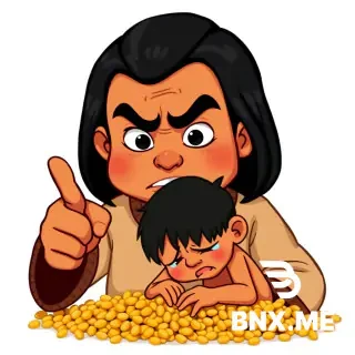 2D cartoon, white background. Peruvian father (indigenous mestizo) with bronze/brown skin, straight black hair, high cheekbones, wearing a simple poncho or sweater. He points angrily. A crying Peruvian boy with black hair, kneeling painfully on dry corn kernels, tears. Flat.