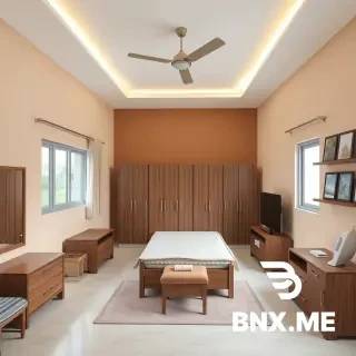 A cozy bedroom in Bangladesh. Three walls are painted in soft sand stone beige color (Berger Robbialac Acrylic Premium Emulsion, code 2T0603). The wall behind the bed is painted in light coffee brown color (Asian Paints code 0470). The bed is placed in one corner against the light coffee wall. The room has two windows on two different sand stone walls, with light curtains. Furniture includes: a wooden bed with mattress, two bedside tables, a wooden wardrobe, an ironing table with a small footstool, a full-length wall mirror, a low-height TV cabinet with a 33-inch matte TV on it, a ceiling LED panel light, LED strip lights on ceiling corners, a high-speed ceiling fan, a wall shelf with decorative items, three pieces of wall art/frame, and a soft rug/carpet on the floor. The room looks warm, modern, and well-organized. Natural daylight from windows, soft shadows. Realistic interior render, 4K.