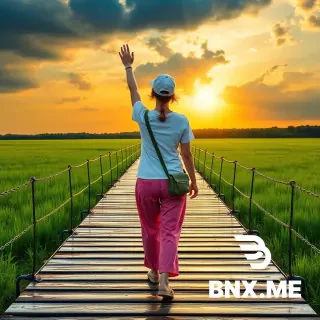 A woman walking away on a wet wooden boardwalk through a lush green wetland meadow, one arm raised reaching toward the sky, wearing white t-shirt, pink loose pants, baseball cap, and small green crossbody bag, back view, golden sunset sun rays breaking through dramatic cloudy sky, sun reflection on glistening wet planks, chain railings on both sides, distant forest line, vibrant grass, atmospheric lighting, photorealistic, serene travel moment