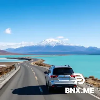 A stretch of Route 80 on New Zealand’s South Island winds along the shores of Lake Pukaki, whose milky turquoise waters reflect the sky; in the background stands the snow-capped Mount Cook, with a few wisps of white clouds dotting the blue sky, as a Nissan X-Trail Hybrid drives along the road toward the distant mountains. The composition follows the National Geographic travel photography style, featuring a clean background and space reserved at the top for the title text. The image dimensions are 940x788 pixels, a common size for Facebook posts.