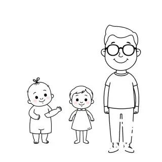 Generate images for me: Please generate three separate images: simple line drawings of a baby, a child, and an adult. They should have a consistent, cute style and a circular background.