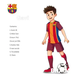 Create a highly detailed, premium-quality children's educational activity book page in full square 1:1 format, designed as one complete printable page with no center fold, no book spine, no midline.  MAIN CHARACTER (user provides only the name): [Gavi – FC Barcelona]  The AI MUST automatically retrieve or plausibly generate all the following information about this soccer player from its internal knowledge (real-world facts for real players, or logical creation for fictional ones): - Position (Goalkeeper / Defender / Midfielder / Forward) - Current club team (real club name) - Country of nationality - Age (approximate, child-friendly) - Height (in meters/feet) - Weight (in kg/lbs) - Club jersey number (most common) - Fun fact (one short, interesting, child-appropriate fact) - Preferred food (typical athlete diet, e.g., pasta, chicken, fish)  **CRITICAL CLOTHING RULE:** The player must be wearing their **CLUB team shirt and club shorts** (not national team kit). Use the correct club colors and badge/crest.  Using ONLY the above auto-generated information, the AI must create the complete layout described below. All generated text must be in English, child-friendly, and accurate to the player (if real) or consistently made-up (if fictional).  OVERALL STYLE: Playful, messy, humorous, hand-drawn cartoon doodle style, watercolor textures, torn paper collage, vintage cream paper background, blue dotted borders, scrapbook feel.  LAYOUT STRUCTURE (two columns, no center line):  LEFT COLUMN: 1. Large colorful hero illustration of [PLAYER_NAME] – cute, big round eyes, happy smile, wearing their **CLUB jersey and club shorts** (with club badge visible), in action pose for their position. Surrounded by small soccer balls, country flags, club-related icons, stars, nets. 2. Top-left title: "[PLAYER_NAME]" in big playful dark blue hand-drawn letters, black outline. Under it: "Hi Soccers!" 3. Torn paper label card near character: "[NATIONALITY] [POSITION]!" (e.g., "American Goalkeeper!"). 4. FACT FILE box (torn paper) with auto-filled facts:    - Type: [club]    - Position: [Position]    - Size: [auto height]    - Weight: [auto weight]    - Age: [auto age]    - Club number: [auto club jersey number]    - Fun Fact: [auto fun fact]    Each fact has a small hand-drawn icon. 5. **CODE TO CRACK** (small box placed above or beside the maze, keep balanced):    - Dashed blue box with ribbon "CODE TO CRACK!"    - Auto-generate a number-to-letter cipher based on the player's first initial, last initial, and position initial. Example: For Tim Ream (Defender) → T, G, L, R, D. Cipher could be: 1 = T,2 = G,3 = L, 4 = R, 5 = D (use any unique numbers 1-5).    - Show cipher key as a small chart: example: "1 = [Letter] 2 = [Letter]  3 = [Letter]4 = [Letter]   5 = [Letter]"    - Create a short 5-7 word motivational message related to the player (e.g., "generate automatically"). Replace each occurrence of the three cipher letters in the message with the corresponding number.    - Write the coded message on the page. Add a blank line for the child to decode it.    - Add small magnifying glass and pencil icons.  RIGHT COLUMN: 6. Top-right: dashed blue box with ribbon "COLOR ME!". Inside: black-and-white outline version of [PLAYER_NAME] (same cute style, no colors, thick clean lines) – still wearing club shirt and shorts. Add a small pencil icon. 7. Middle-right: dashed blue box with ribbon "TIME TO PLAY & LEARN!". Inside: 2×2 grid of 4 multiple-choice questions about [PLAYER_NAME]. Each question has exactly 3 options A, B, C with only one correct. Correct answer letter varies (A, B, or C). The AI auto‑generates these questions:    Q1: What position does [FIRST_NAME] play? → A) wrong position, B) [Position] (correct), C) another wrong position.    Q2: Where is [FIRST_NAME] from? → A) wrong country, B) wrong country, C) [Country] (correct).    Q3: What is [FIRST_NAME]’s club jersey number? → A) [Club number] (correct), B) different number, C) different number.    Q4: What is one of [FIRST_NAME]’s special skills? → AI chooses a realistic skill for that position (e.g., penalty saving, tackling, dribbling) as correct, plus two unrelated skills.    Each question box has a different pastel background. 8. Bottom-right: dashed blue box with ribbon "FUN CHALLENGE!". Instruction: "Help [FIRST_NAME] find the World Cup trophy!". Draw a simple solvable rectangular maze (wobbly hand-drawn walls). Start arrow left with a small player icon (in club kit), end right with golden World Cup trophy.  DECORATIONS scattered: soccer balls, small flags of [Country], club colors/stars, watercolor splashes in club colors + country flag colors, tiny trophies, hand-drawn hearts.  COLOR PALETTE: vintage cream background (#F5F0E8), deep navy blue titles, black sketchy outlines, bright accent colors from the player's club.  OUTPUT: One square image, high resolution (2048×2048), no watermark, no logo, no center fold. All puzzles solvable. The AI must automatically generate all words, numbers, and facts from the player's name only – do not leave any placeholder. The character must be dressed in **club shirt and club shorts** (not national team).