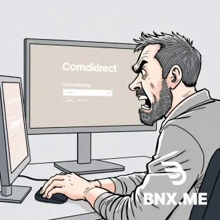 A man is sitting in front of a screen displaying the Comdirect online banking portal. He is visibly agitated and angry; sweat is running down his forehead. His right hand is on the mouse, and he turns his head away as if something terrible were visible on the screen, while biting the fingers of his left hand.