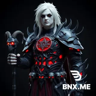 A highly detailed 3D character model of a dark necromancer from Diablo IV. The necromancer has pale white skin, long messy blonde hair, and dark makeup with black tears running down the face. The character wears sinister gothic armor made of dark metal with sharp spikes and glowing red accents. The chest piece has a glowing inverted pentagram. The shoulder armor is decorated with skulls, and the waist is adorned with multiple human skulls embedded into the armor. In the left hand, the necromancer holds a demonic goat skull staff with glowing red eyes and engraved runes. The armor design is intricate, sharp, and intimidating, reflecting a gothic and hellish aesthetic. The lighting is dark and moody, with dramatic shadows, highlighting the metallic armor details and glowing red magical elements. Ultra-realistic rendering, cinematic Diablo IV style, 3D model, game character concept art.