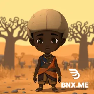 A young Nigerian boy in the animated art style of Avatar: The Last Airbender. He has very dark brown skin, a tall and broad-shouldered big build, and an unusually large but normally proportioned head. Short black hair with geometric shaved lines. Three small horizontal scar marks on each cheek. Wearing an indigo and ochre Earth Kingdom tunic over a wrapped cloth skirt (iro), with brass anklets and beaded necklaces. He is earthbending by enlarging and hardening his skull, which glows faintly brown and looks heavy like stone, surrounded by floating pebbles. Background is a golden African-style savanna with baobab trees. Full body, front view, warm lighting. And a very big head