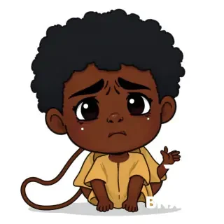 2D cartoon, white background. Nigerian father (Yoruba or Igbo) with dark brown/black skin, short black hair, a stern face, wearing a traditional dashiki or casual shirt. He holds a koboko whip. A crying Nigerian boy with black curly hair, dark teary eyes, kneeling with arms up, tears. Simple.