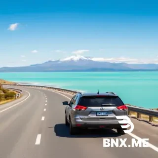 Route 80 on New Zealand’s South Island winds along the shores of Lake Pukaki, whose milky turquoise waters reflect the sky; In the background stands the snow-capped Mount Cook, with a few wisps of white clouds dotting the blue sky. A 2015 Nissan X-Trail Hybrid (license plate QMS286) is driving along the highway toward the distant mountains. The composition follows the National Geographic travel photography style, featuring a clean background and space reserved at the top for the title text. The image dimensions are 940x788 pixels, a common size for Facebook posts.