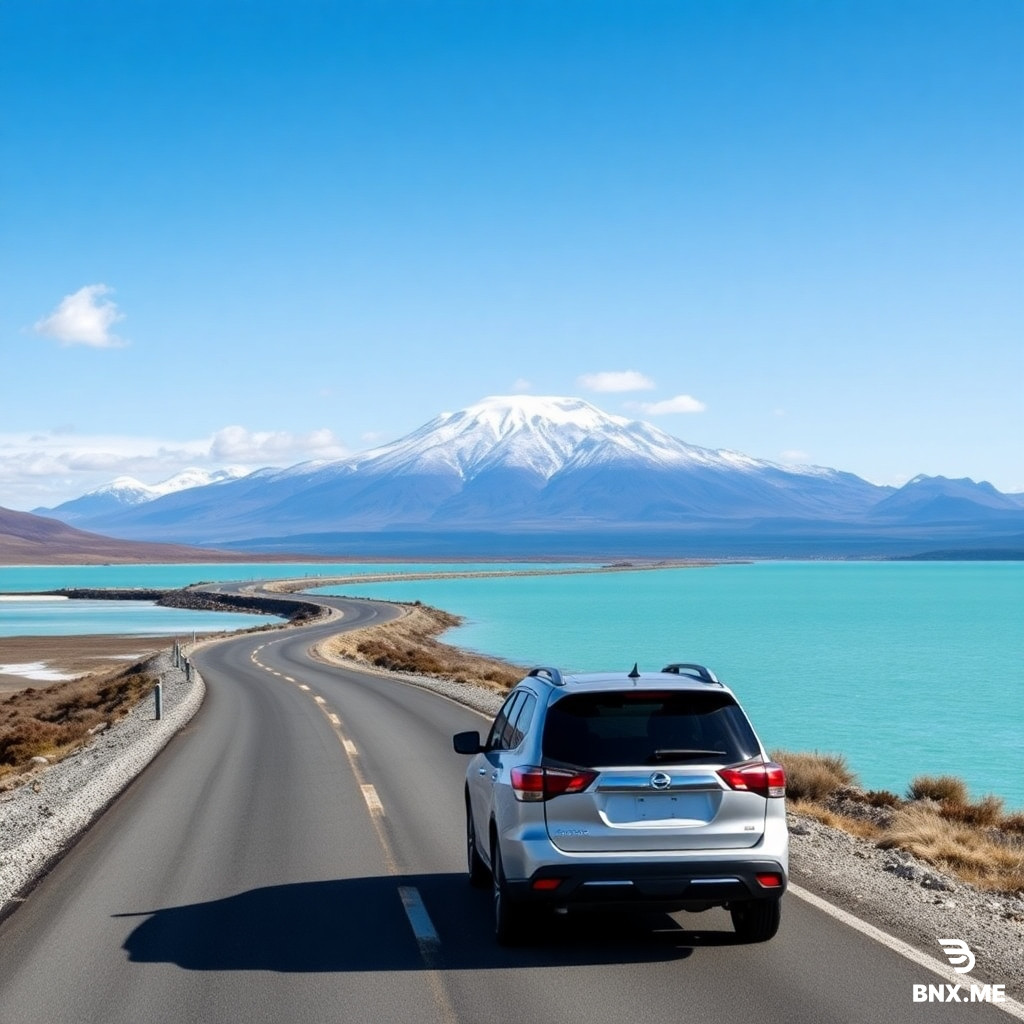 A stretch of Route 80 on New Zealand’s South Island winds along the shores of Lake Pukaki, whose milky turquoise waters reflect the sky; in the background stands the snow-capped Mount Cook, with a few wisps of white clouds dotting the blue sky, as a Nissan X-Trail Hybrid drives along the road toward the distant mountains. The composition follows the National Geographic travel photography style, featuring a clean background and space reserved at the top for the title text. The image dimensions are 940x788 pixels, a common size for Facebook posts.