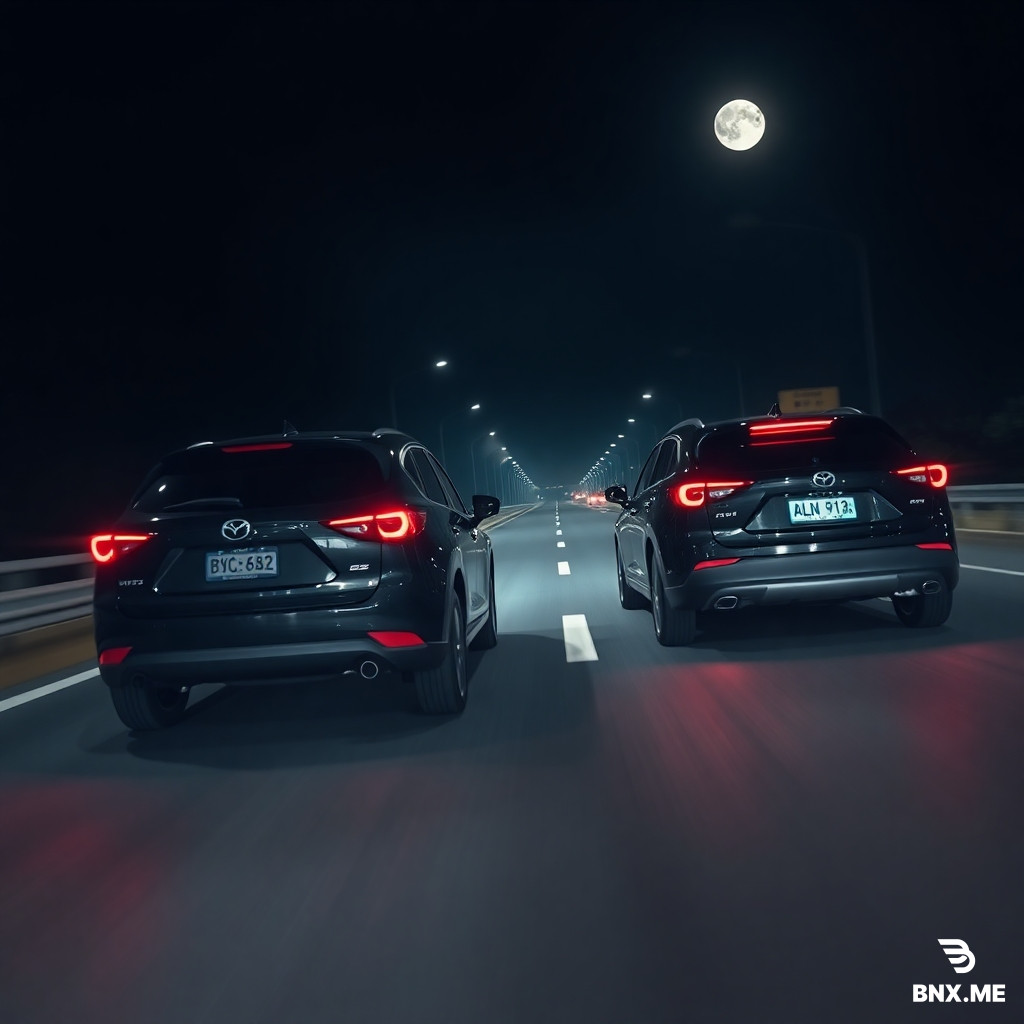 Wide shot dynamic tracking shot of two cars cruising at night from a rear angle. Car 1 (Closer to camera): 2025 facelift Mazda CX-5 2.5 2WD, Jet Black, showing its real license plate 'BSQ 6882'. Car 2 (Further away directly ahead): 2026 BYD Sealion 7 Performance, Cosmos Black. This EV car has a Malaysia JPJePlate (white background, black text, 'MAL' with ZEV green label) reading 'ALN 9114'. Location: Malaysia's North-South Expressway (PLUS), night time, heading towards Ipoh. The road is dark but illuminated by car tail lights, street lamps, and a full moon. The asphalt looks slightly wet creating beautiful light trails and reflections. Photorealistic, high end car commercial style.