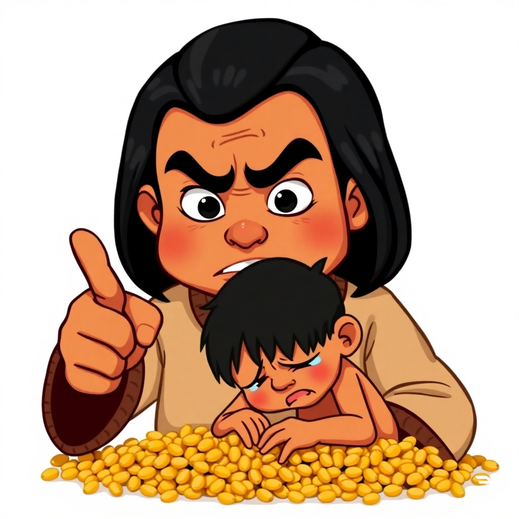 2D cartoon, white background. Peruvian father (indigenous mestizo) with bronze/brown skin, straight black hair, high cheekbones, wearing a simple poncho or sweater. He points angrily. A crying Peruvian boy with black hair, kneeling painfully on dry corn kernels, tears. Flat.