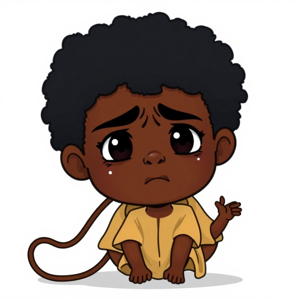 2D cartoon, white background. Nigerian father (Yoruba or Igbo) with dark brown/black skin, short black hair, a stern face, wearing a traditional dashiki or casual shirt. He holds a koboko whip. A crying Nigerian boy with black curly hair, dark teary eyes, kneeling with arms up, tears. Simple.