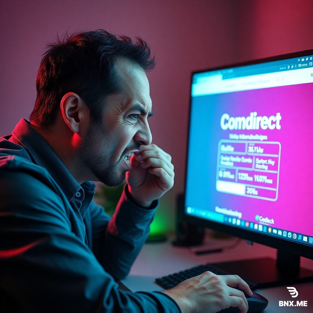 A man is sitting in front of a screen displaying the Comdirect online banking portal. He is visibly agitated and angry; sweat is running down his forehead. His right hand is on the mouse, and he turns his head away as if something terrible were visible on the screen, while biting the fingers of his left hand.