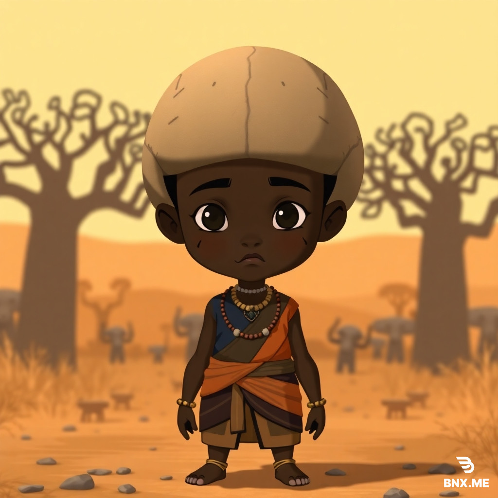 A young Nigerian boy in the animated art style of Avatar: The Last Airbender. He has very dark brown skin, a tall and broad-shouldered big build, and an unusually large but normally proportioned head. Short black hair with geometric shaved lines. Three small horizontal scar marks on each cheek. Wearing an indigo and ochre Earth Kingdom tunic over a wrapped cloth skirt (iro), with brass anklets and beaded necklaces. He is earthbending by enlarging and hardening his skull, which glows faintly brown and looks heavy like stone, surrounded by floating pebbles. Background is a golden African-style savanna with baobab trees. Full body, front view, warm lighting. And a very big head